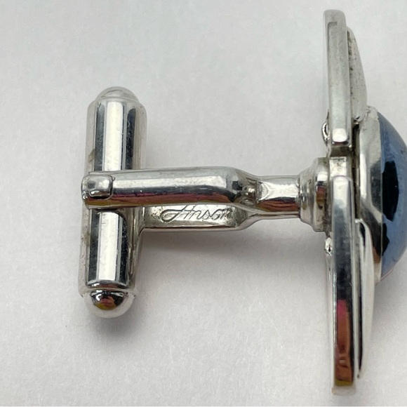 VINTAGE Anson Cufflinks Blue Grey Cabochon Silver Tone Eye Shaped Chunky Signed - Picture 6 of 8